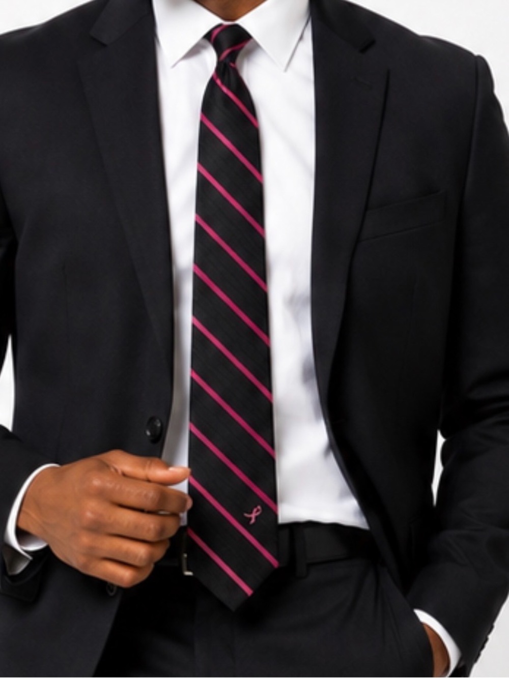 Breast Cancer Awareness Tie - Black with Pink Ribbon Stripe  Classic and Stylish
